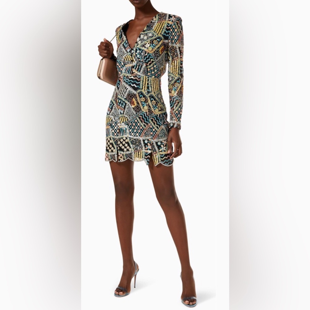 Elliatt Sequin Bermuda Dress Size L Long Sleeves Mini Mixed Print Patchwork